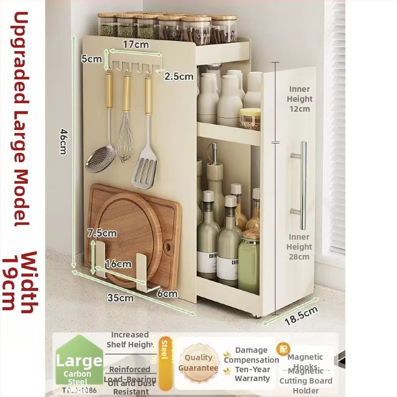 Traukiama prieskonių lentyna virtuvėje, siaura kraštinė, anglies plienas, prieskonių butelių organizatorius, ant stalviršio, minimalistinis stilius