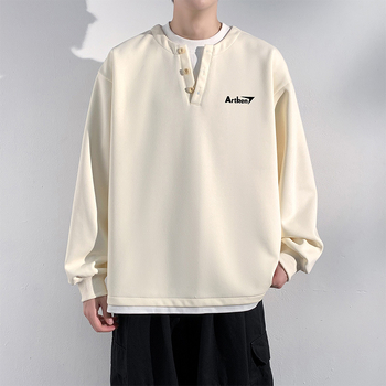 Seegave fleece bevonatú V-nyakú pulóver, laza fazon, hosszú ujjú, poliészter anyag, férfiaknak