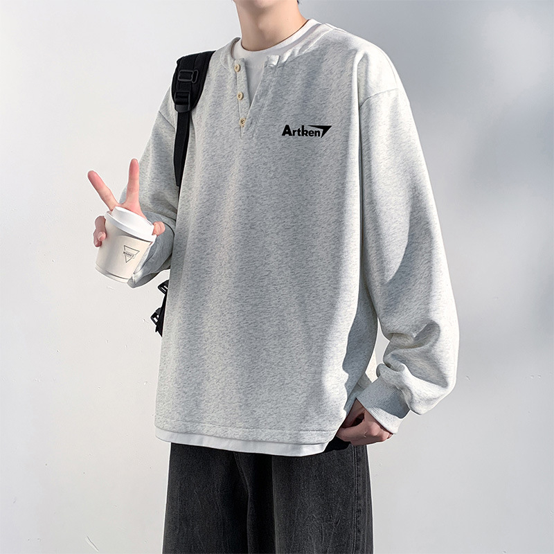 Seegave fleece bevonatú V-nyakú pulóver, laza fazon, hosszú ujjú, poliészter anyag, férfiaknak