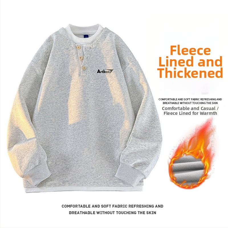 Seegave fleece bevonatú V-nyakú pulóver, laza fazon, hosszú ujjú, poliészter anyag, férfiaknak