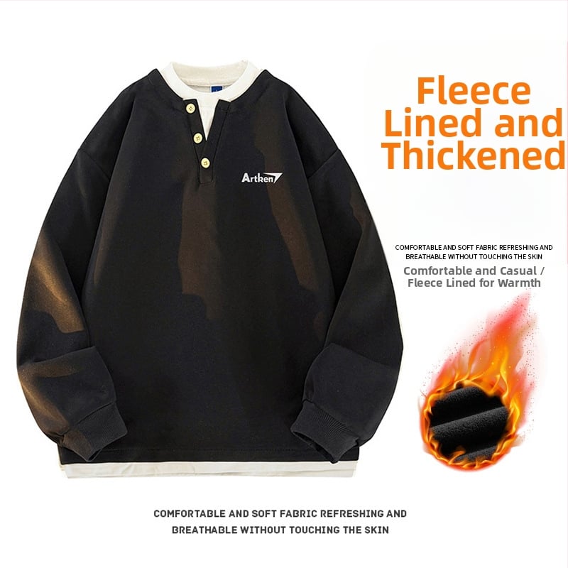 Seegave fleece bevonatú V-nyakú pulóver, laza fazon, hosszú ujjú, poliészter anyag, férfiaknak