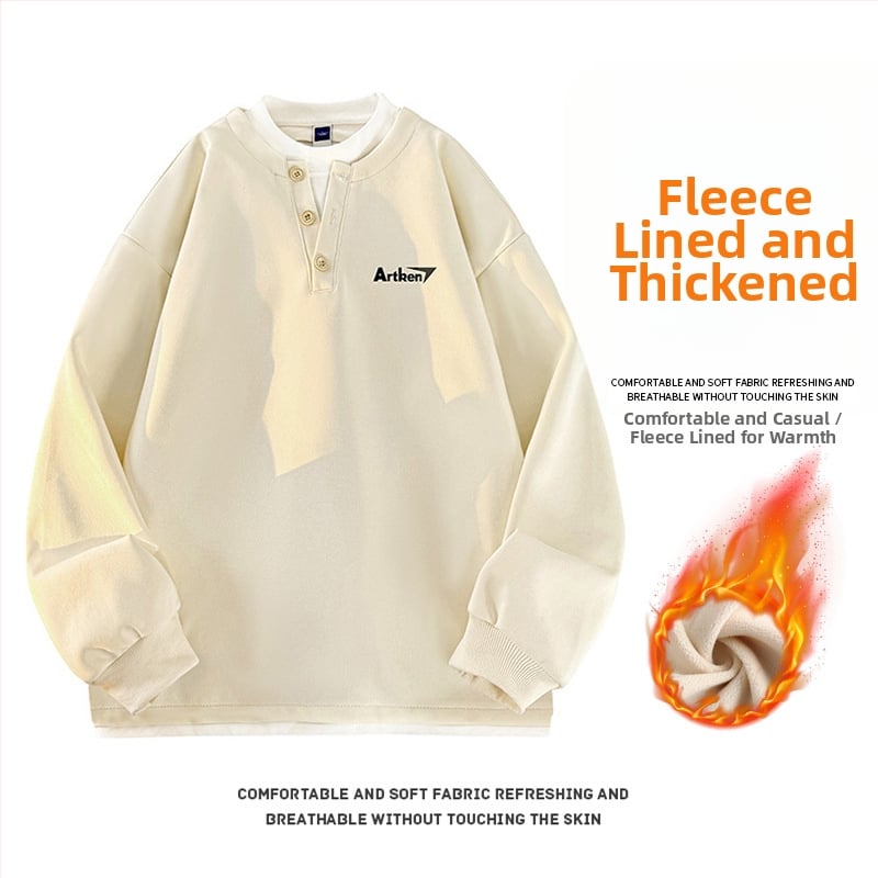 Seegave fleece bevonatú V-nyakú pulóver, laza fazon, hosszú ujjú, poliészter anyag, férfiaknak