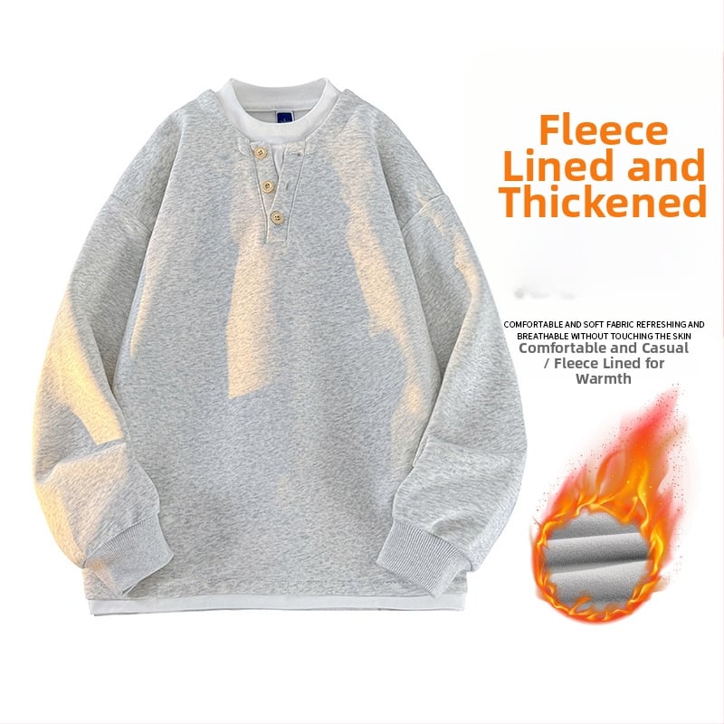 Seegave fleece bevonatú V-nyakú pulóver, laza fazon, hosszú ujjú, poliészter anyag, férfiaknak