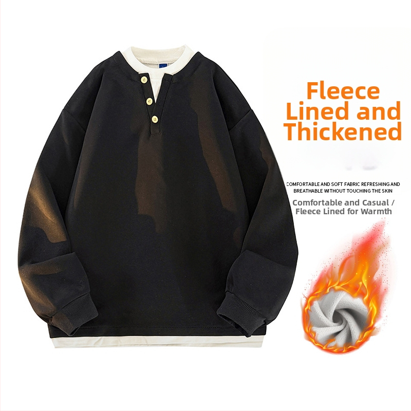 Seegave fleece bevonatú V-nyakú pulóver, laza fazon, hosszú ujjú, poliészter anyag, férfiaknak