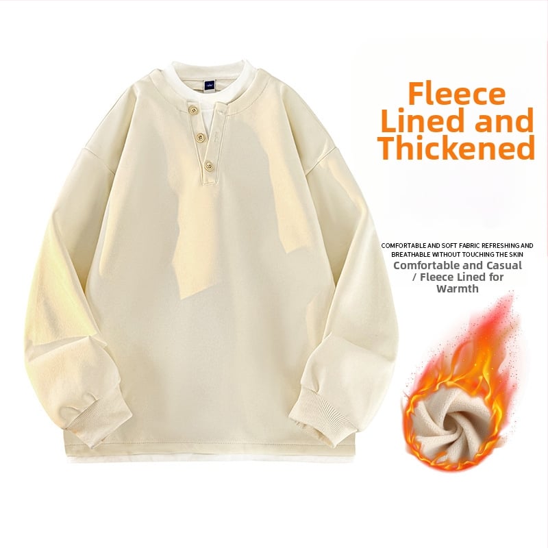 Seegave fleece bevonatú V-nyakú pulóver, laza fazon, hosszú ujjú, poliészter anyag, férfiaknak