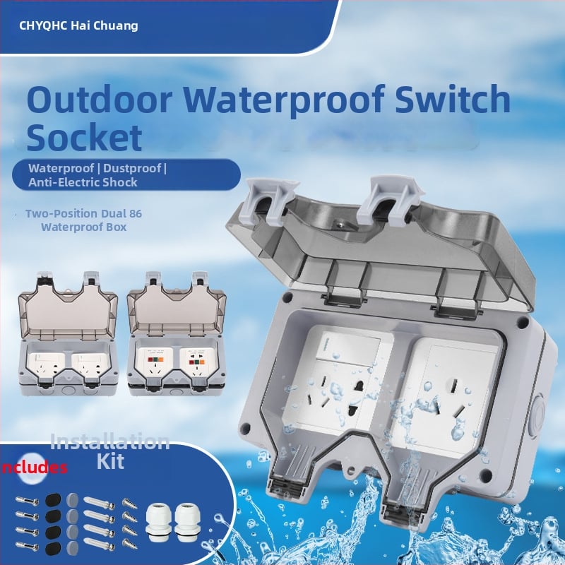 Vodootporna kutija za utičnicu za površinsku montažu, unutarnja/ vanjska, dvoposjedna utičnica, kompatibilna sa pametnim toaletom i punjenjem EV; standard: novi nacionalni standard; marka CHYQHC; ugradnja: zid
