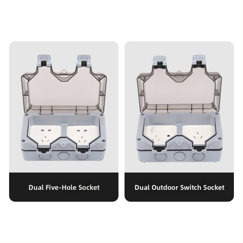 IP aizsardzības droša virsmas uzstādīšanas kontaktu kaste, iekšējā/ārējā izmantošana, divas kontaktligzdas, saderīga ar viedo tualeti un EV uzlādi; standarts: jauns nacionālais standarts; zīmols CHYQHC; uzstādīšana: sienā