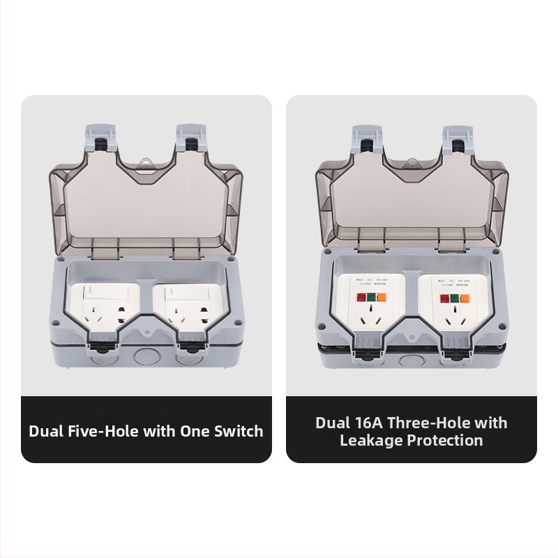 IP aizsardzības droša virsmas uzstādīšanas kontaktu kaste, iekšējā/ārējā izmantošana, divas kontaktligzdas, saderīga ar viedo tualeti un EV uzlādi; standarts: jauns nacionālais standarts; zīmols CHYQHC; uzstādīšana: sienā