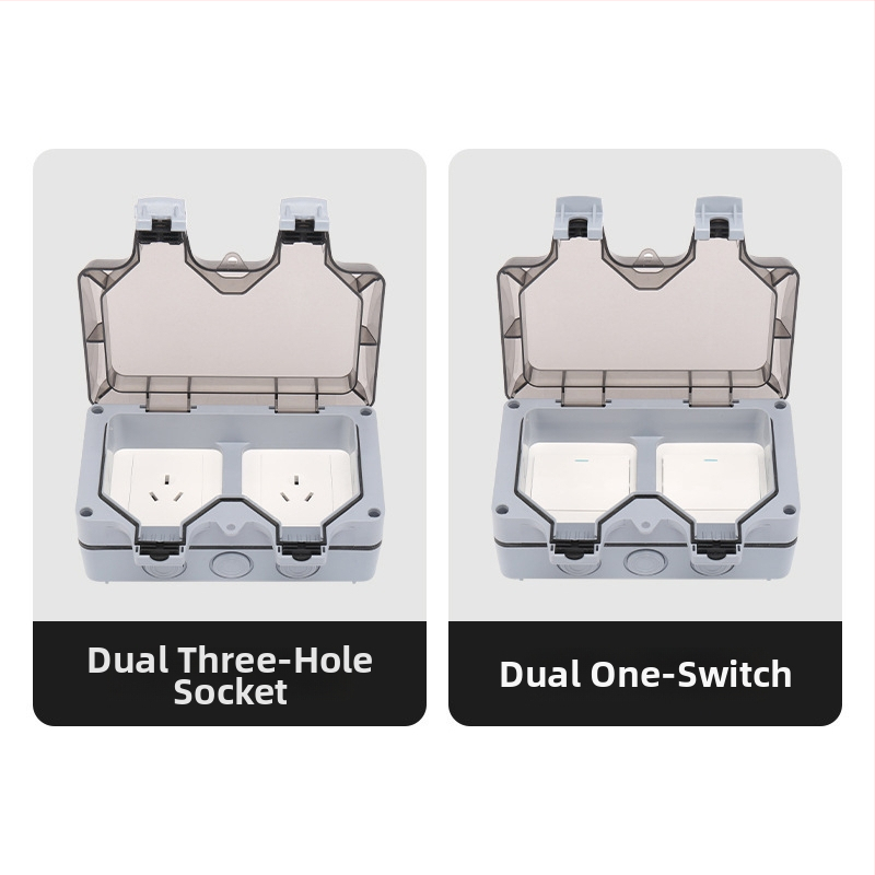 IP aizsardzības droša virsmas uzstādīšanas kontaktu kaste, iekšējā/ārējā izmantošana, divas kontaktligzdas, saderīga ar viedo tualeti un EV uzlādi; standarts: jauns nacionālais standarts; zīmols CHYQHC; uzstādīšana: sienā