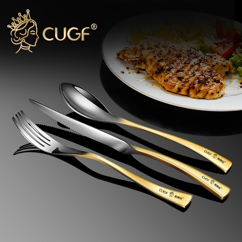 Set noža i vilice s žlicom i tanjurom od nehrđajućeg čelika 304, ogledni završetak, europski stil, moderan dizajn