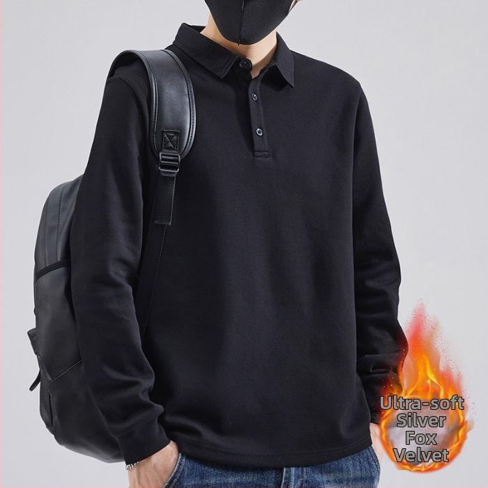 Meeste polo pikkade varrukatega fleece sisemine soojus, vaba lõige, puuvilla-poliesteri segu, sobiv sügise-külma hooajaks