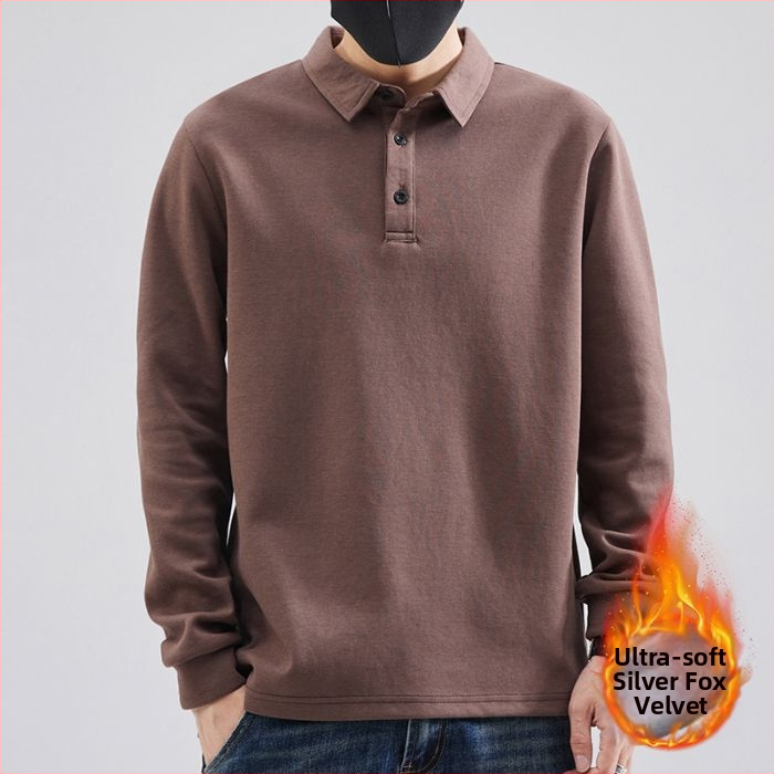 Meeste polo pikkade varrukatega fleece sisemine soojus, vaba lõige, puuvilla-poliesteri segu, sobiv sügise-külma hooajaks