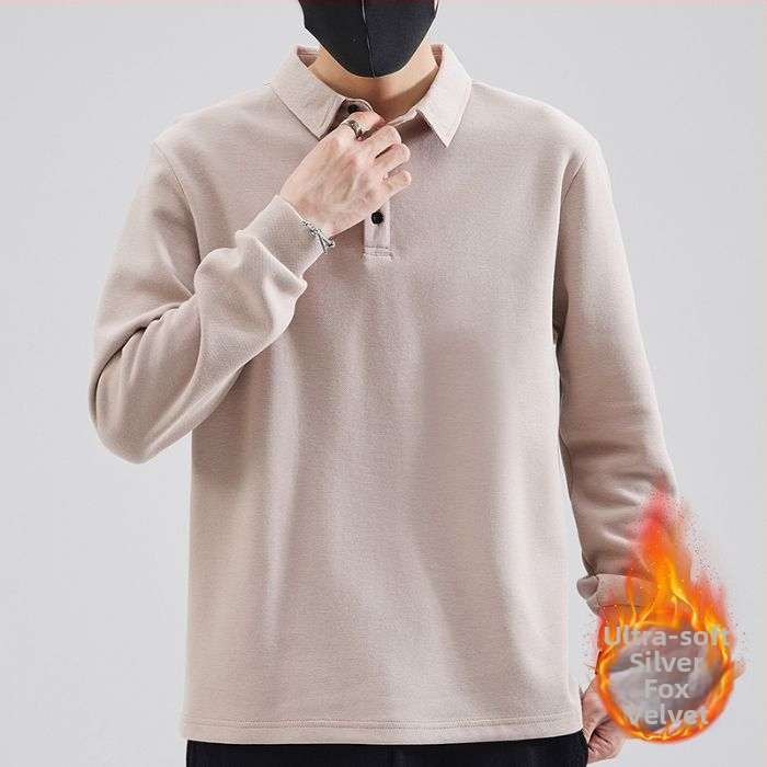 Meeste polo pikkade varrukatega fleece sisemine soojus, vaba lõige, puuvilla-poliesteri segu, sobiv sügise-külma hooajaks