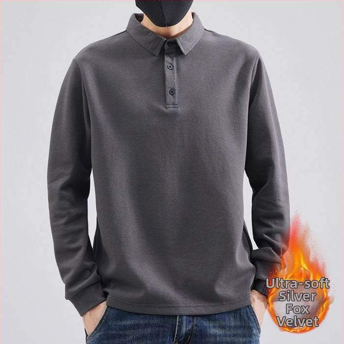 Meeste polo pikkade varrukatega fleece sisemine soojus, vaba lõige, puuvilla-poliesteri segu, sobiv sügise-külma hooajaks