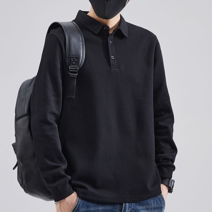 Мъжко поло с дълъг ръкав и флисово топлоизпълнение, свободна кройка, памук-полиестерова смес, за есенно-зимния сезон