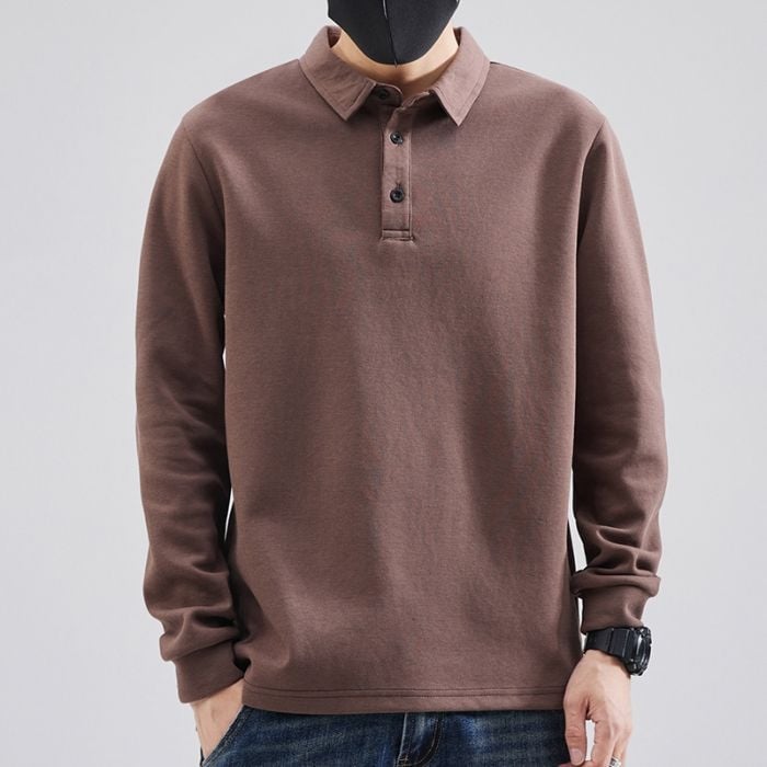 Мъжко поло с дълъг ръкав и флисово топлоизпълнение, свободна кройка, памук-полиестерова смес, за есенно-зимния сезон