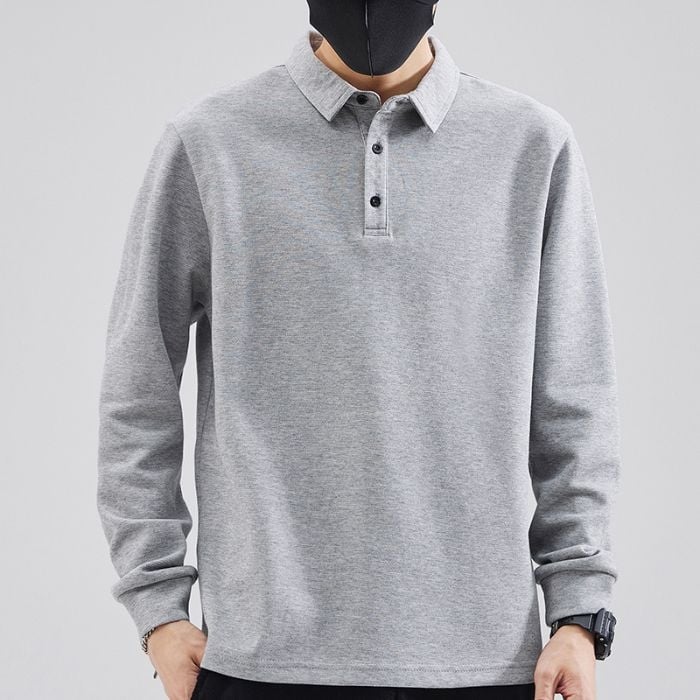 Мъжко поло с дълъг ръкав и флисово топлоизпълнение, свободна кройка, памук-полиестерова смес, за есенно-зимния сезон
