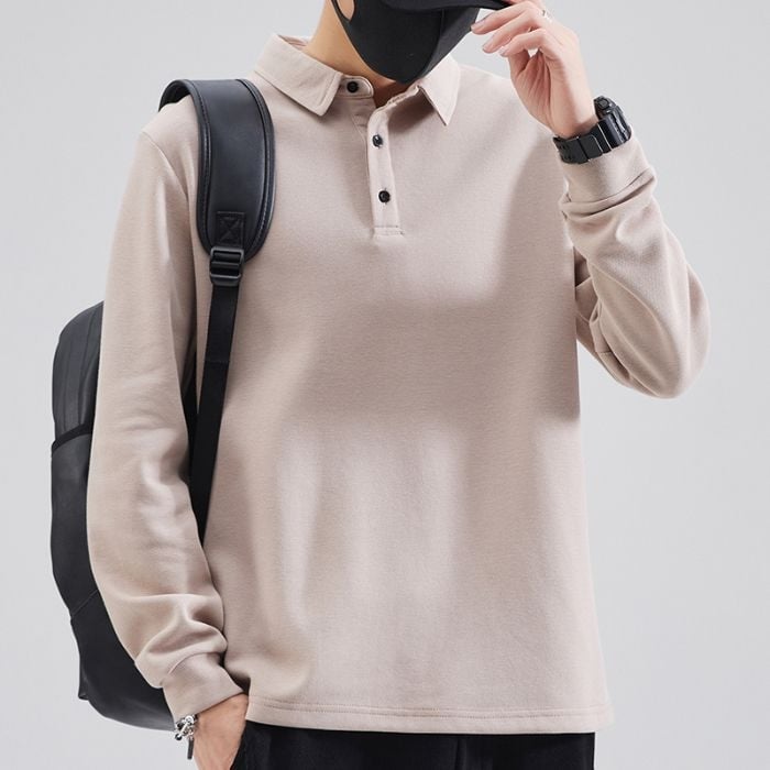 Мъжко поло с дълъг ръкав и флисово топлоизпълнение, свободна кройка, памук-полиестерова смес, за есенно-зимния сезон