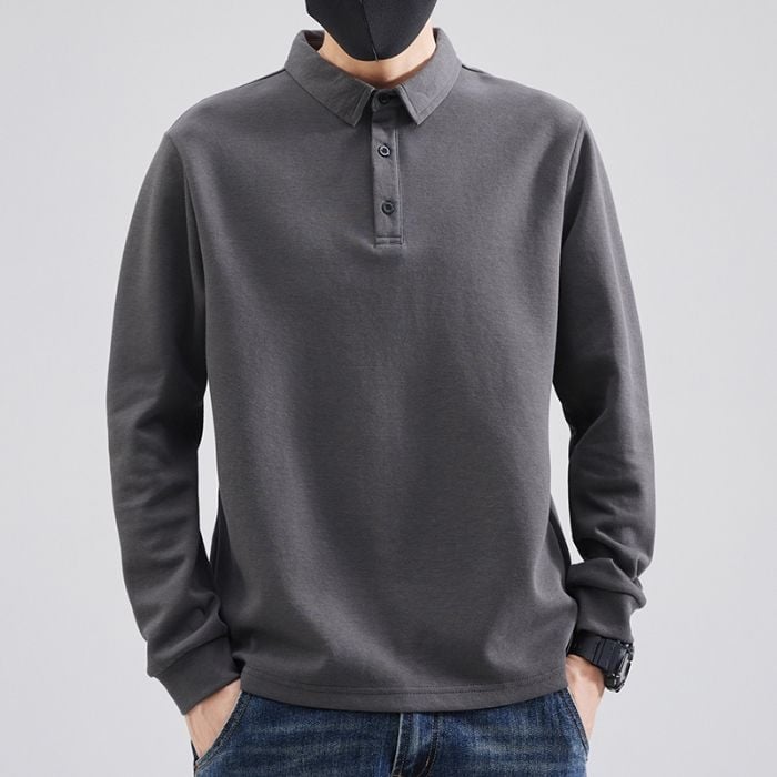 Мъжко поло с дълъг ръкав и флисово топлоизпълнение, свободна кройка, памук-полиестерова смес, за есенно-зимния сезон