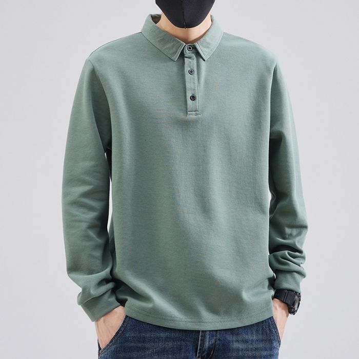 Мъжко поло с дълъг ръкав и флисово топлоизпълнение, свободна кройка, памук-полиестерова смес, за есенно-зимния сезон