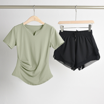 Ženski set za jogu s naglašavanjem struka: top s V-dekoltom, kratki rukavi, brzo suši se, prozračan materijal, jednofarban, 82,5% poliester, 17,5% elastan