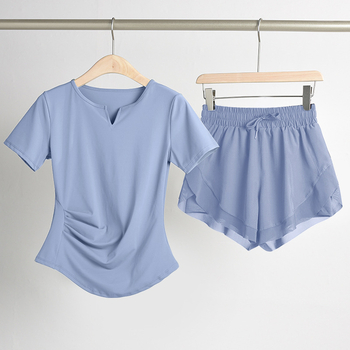 Ženski set za jogu s naglašavanjem struka: top s V-dekoltom, kratki rukavi, brzo suši se, prozračan materijal, jednofarban, 82,5% poliester, 17,5% elastan