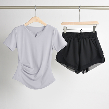 Ženski set za jogu s naglašavanjem struka: top s V-dekoltom, kratki rukavi, brzo suši se, prozračan materijal, jednofarban, 82,5% poliester, 17,5% elastan