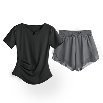 Ženski set za jogu s naglašavanjem struka: top s V-dekoltom, kratki rukavi, brzo suši se, prozračan materijal, jednofarban, 82,5% poliester, 17,5% elastan