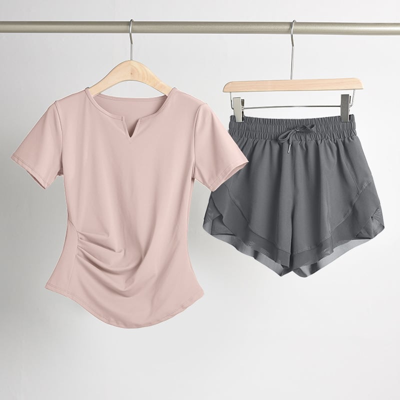 Ženski set za jogu s naglašavanjem struka: top s V-dekoltom, kratki rukavi, brzo suši se, prozračan materijal, jednofarban, 82,5% poliester, 17,5% elastan