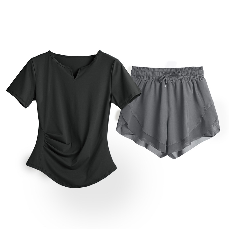 Ženski set za jogu s naglašavanjem struka: top s V-dekoltom, kratki rukavi, brzo suši se, prozračan materijal, jednofarban, 82,5% poliester, 17,5% elastan