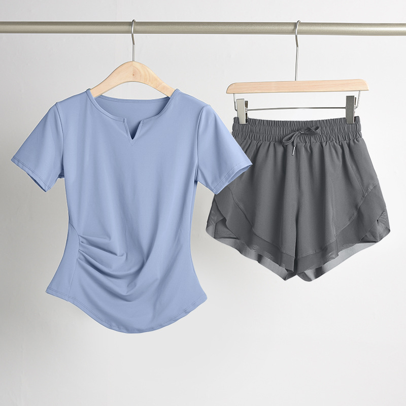 Ženski set za jogu s naglašavanjem struka: top s V-dekoltom, kratki rukavi, brzo suši se, prozračan materijal, jednofarban, 82,5% poliester, 17,5% elastan