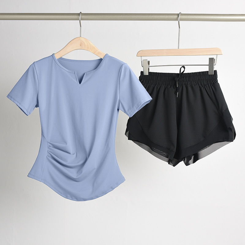Ženski set za jogu s naglašavanjem struka: top s V-dekoltom, kratki rukavi, brzo suši se, prozračan materijal, jednofarban, 82,5% poliester, 17,5% elastan