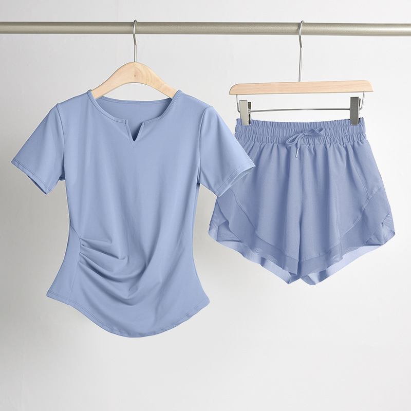 Ženski set za jogu s naglašavanjem struka: top s V-dekoltom, kratki rukavi, brzo suši se, prozračan materijal, jednofarban, 82,5% poliester, 17,5% elastan