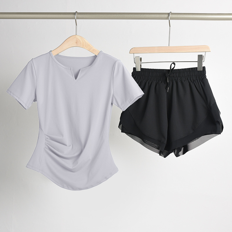 Ženski set za jogu s naglašavanjem struka: top s V-dekoltom, kratki rukavi, brzo suši se, prozračan materijal, jednofarban, 82,5% poliester, 17,5% elastan