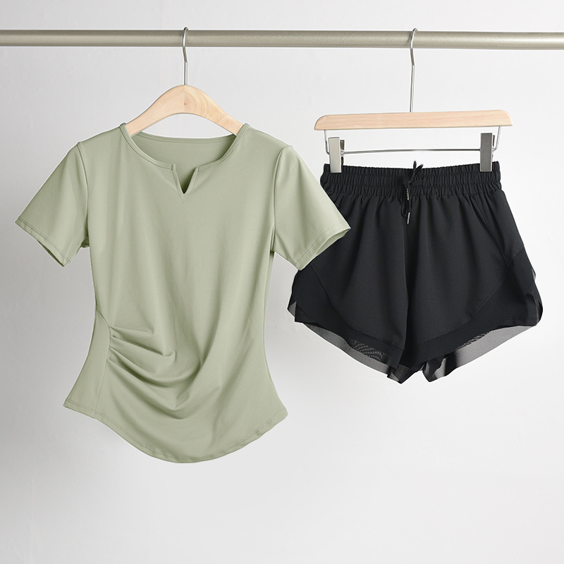 Ženski set za jogu s naglašavanjem struka: top s V-dekoltom, kratki rukavi, brzo suši se, prozračan materijal, jednofarban, 82,5% poliester, 17,5% elastan