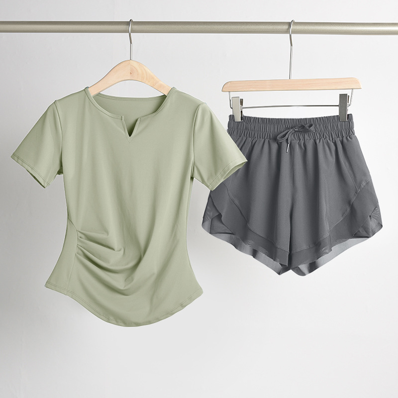 Ženski set za jogu s naglašavanjem struka: top s V-dekoltom, kratki rukavi, brzo suši se, prozračan materijal, jednofarban, 82,5% poliester, 17,5% elastan