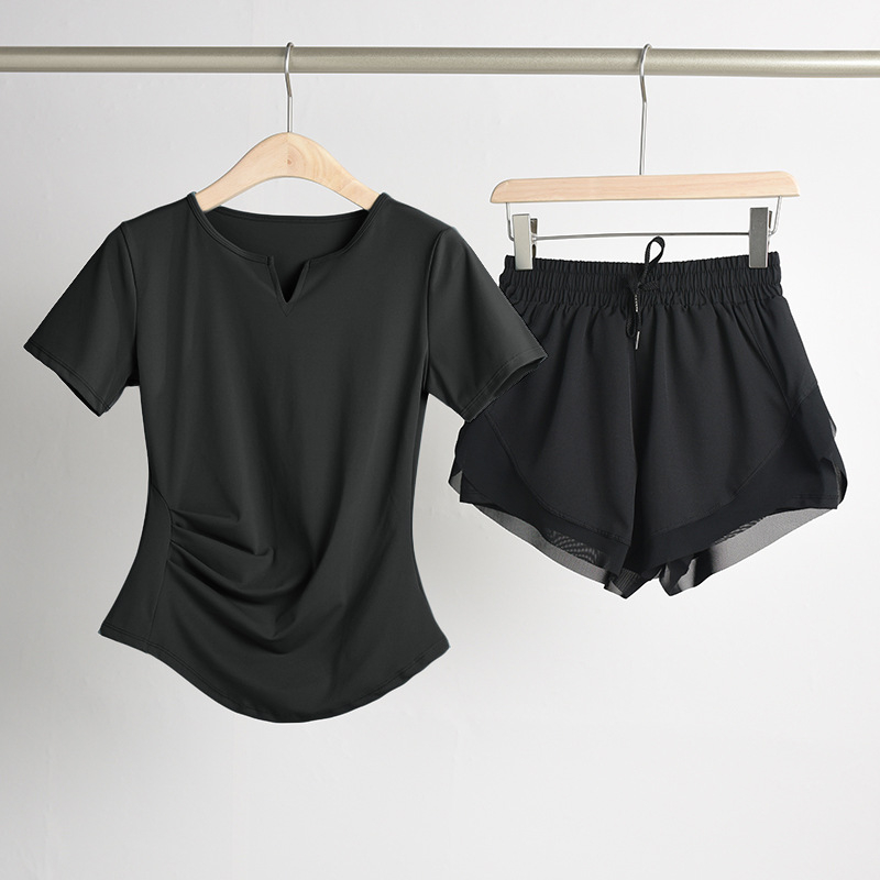 Ženski set za jogu s naglašavanjem struka: top s V-dekoltom, kratki rukavi, brzo suši se, prozračan materijal, jednofarban, 82,5% poliester, 17,5% elastan