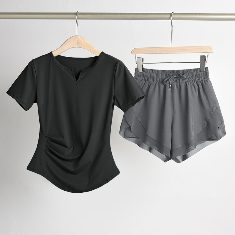 Ženski set za jogu s naglašavanjem struka: top s V-dekoltom, kratki rukavi, brzo suši se, prozračan materijal, jednofarban, 82,5% poliester, 17,5% elastan