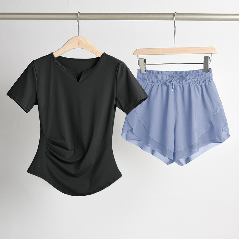 Ženski set za jogu s naglašavanjem struka: top s V-dekoltom, kratki rukavi, brzo suši se, prozračan materijal, jednofarban, 82,5% poliester, 17,5% elastan