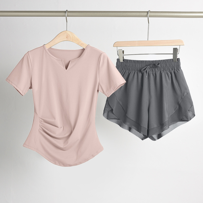 Ženski set za jogu s naglašavanjem struka: top s V-dekoltom, kratki rukavi, brzo suši se, prozračan materijal, jednofarban, 82,5% poliester, 17,5% elastan