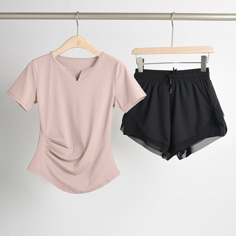 Ženski set za jogu s naglašavanjem struka: top s V-dekoltom, kratki rukavi, brzo suši se, prozračan materijal, jednofarban, 82,5% poliester, 17,5% elastan