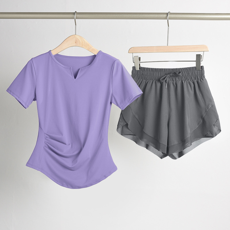 Ženski set za jogu s naglašavanjem struka: top s V-dekoltom, kratki rukavi, brzo suši se, prozračan materijal, jednofarban, 82,5% poliester, 17,5% elastan