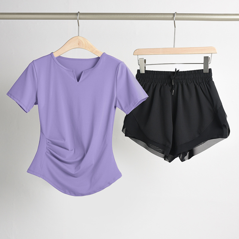 Ženski set za jogu s naglašavanjem struka: top s V-dekoltom, kratki rukavi, brzo suši se, prozračan materijal, jednofarban, 82,5% poliester, 17,5% elastan