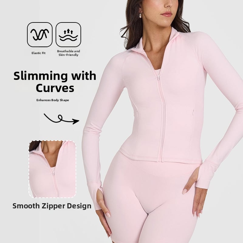 Moteriška ilgom rankovėmis jogos džemperis su užtrauktuku, siaura kirpimo, juosmens ilgio, kvėpuojantis ir elastingas audinys, nailonas-spandeksas (75/25), Ami Medea.