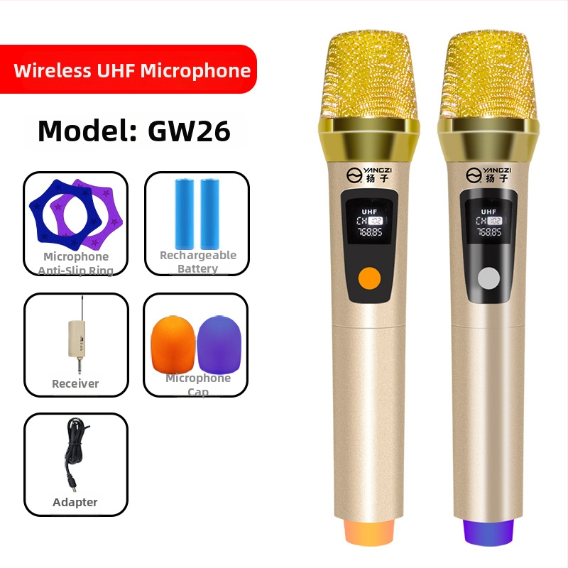 GW26 Bezvadu mikrofons, dubultkanālu, piemērots skatuvei, mājai, KTV sanāksmēm, ar pārvietojamu spoli, frekvenču diapazons 40 Hz–20 kHz, SNR ≥75 dB
