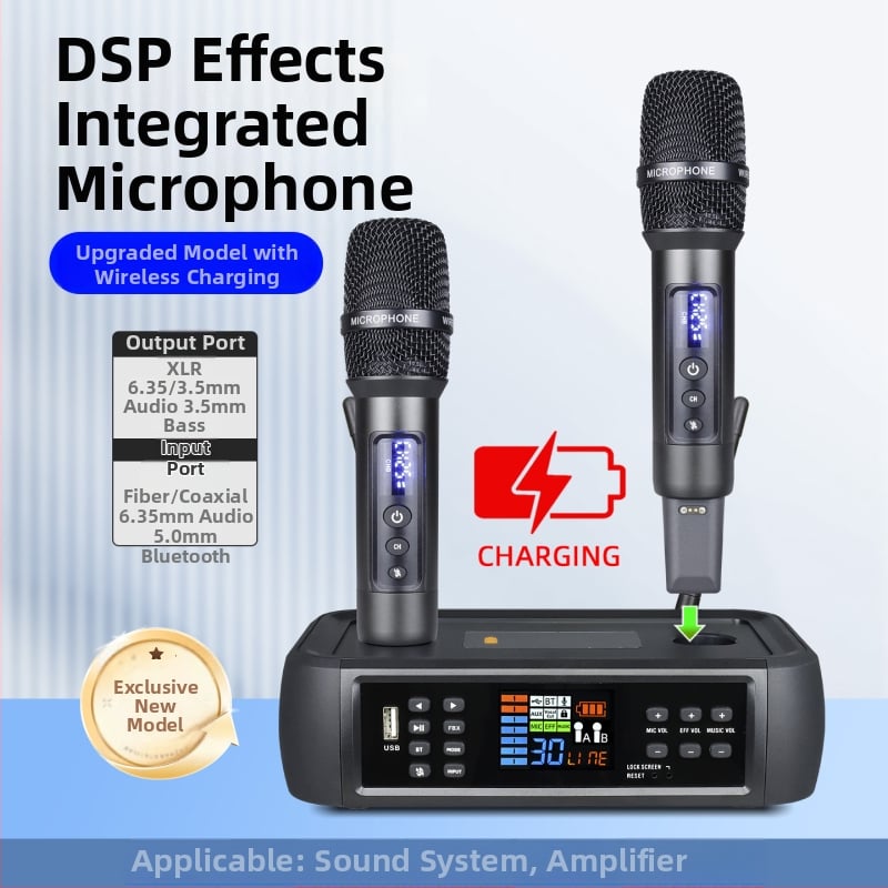 Bezmugurka mikrofons D80+m11 ar DSP pret atgriezenisko saiti un reverberāciju, Bluetooth 5.0, 100 Hz–20 kHz, SNR ≥95 dB, KTV/mājas izklaidei