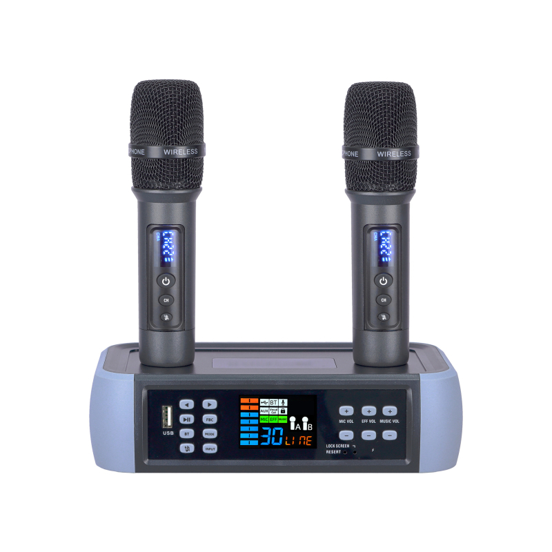 Bezmugurka mikrofons D80+m11 ar DSP pret atgriezenisko saiti un reverberāciju, Bluetooth 5.0, 100 Hz–20 kHz, SNR ≥95 dB, KTV/mājas izklaidei