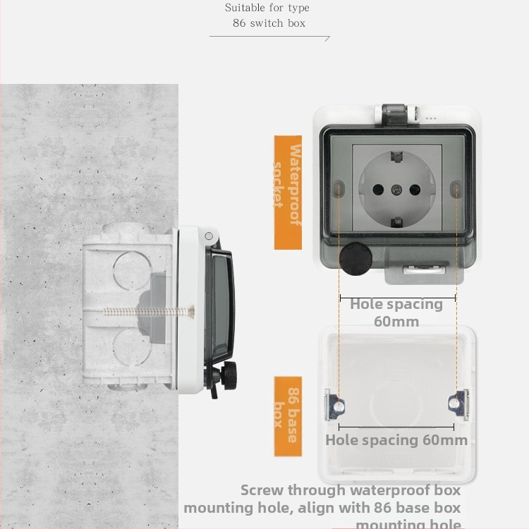 86 tipo paslėpta atspari vandeniui integruota maitimo kištukinė lizda sieniniam montavimui, skirta naudoti vonioje ir lauke