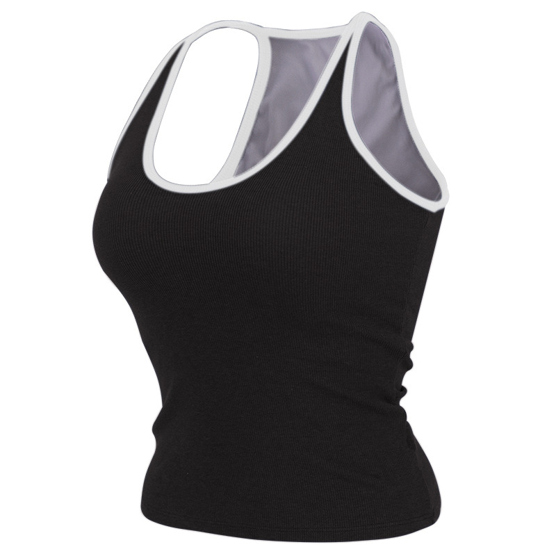 Moteriški be rankovių fitneso marškinėliai — minkšti ir patogūs; medvilnės + viskozės + spandekso mišinys (47,5%/47,5%/5%); be rankovių; aptemptas kirpimas; ilgis iki pilvo