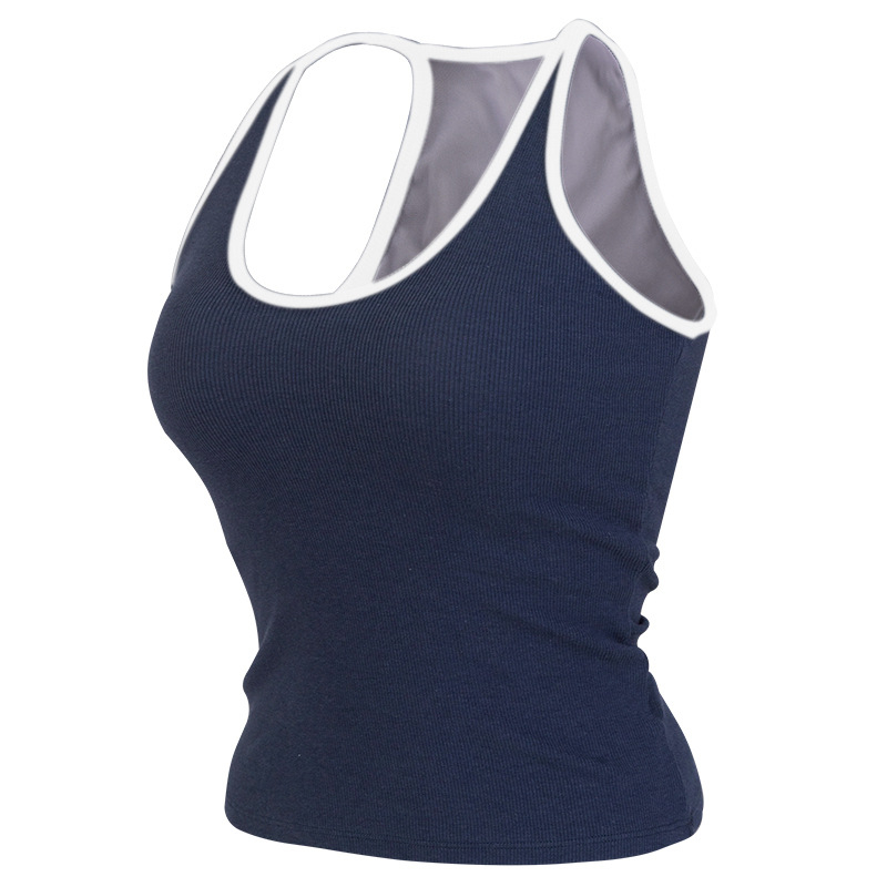 Moteriški be rankovių fitneso marškinėliai — minkšti ir patogūs; medvilnės + viskozės + spandekso mišinys (47,5%/47,5%/5%); be rankovių; aptemptas kirpimas; ilgis iki pilvo